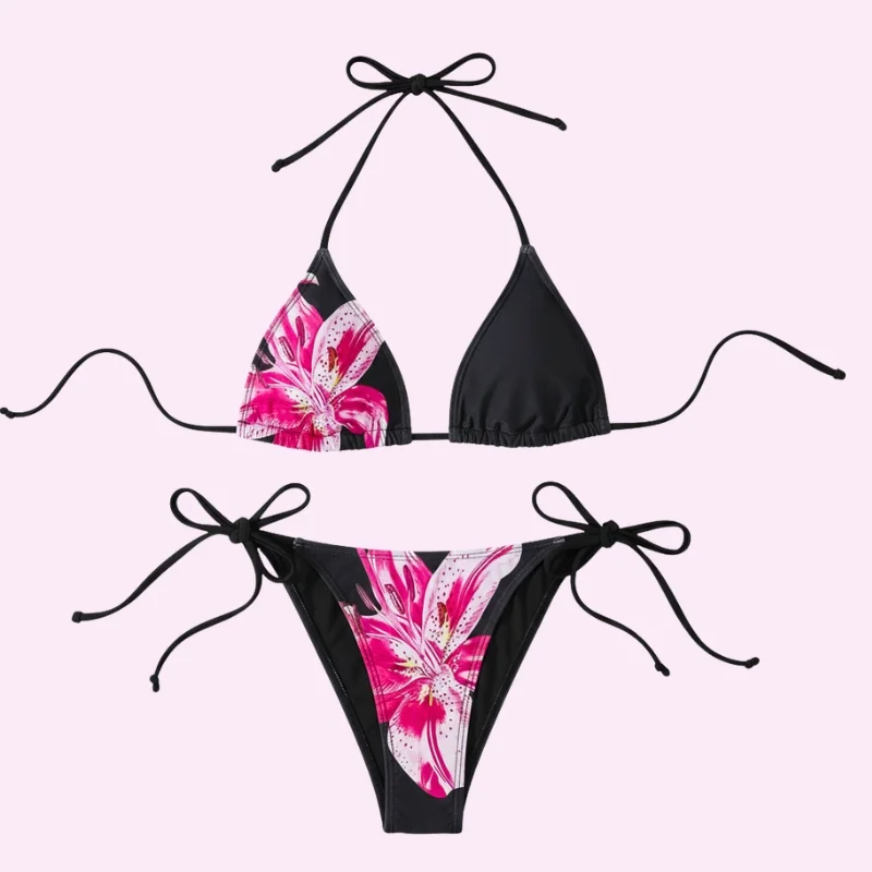 Black Floral Triangle Bikini Set swimwear for women