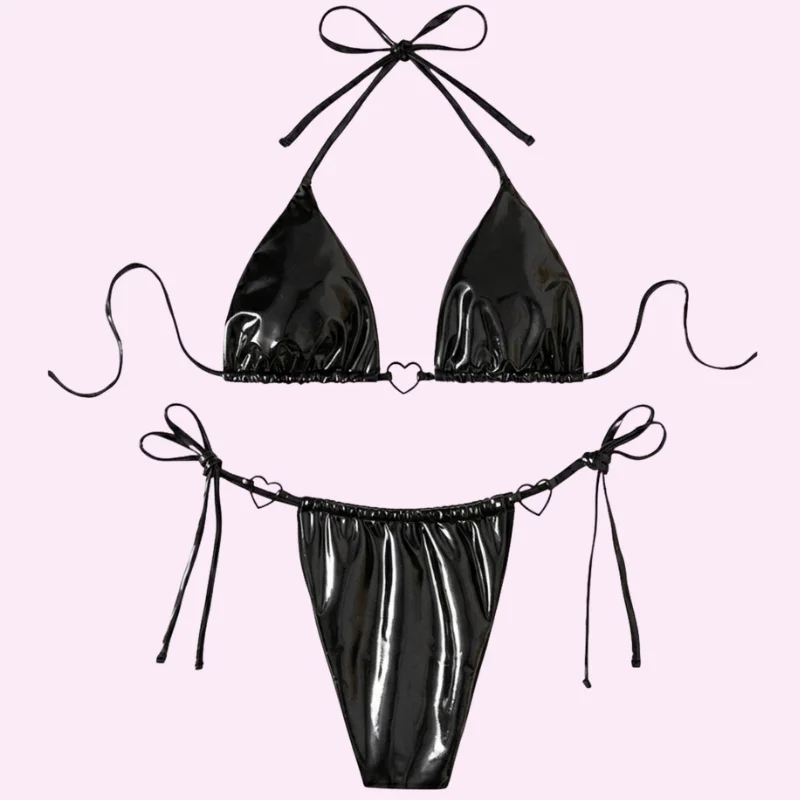 Black High Shine Triangle Bikini Set swimwear for women