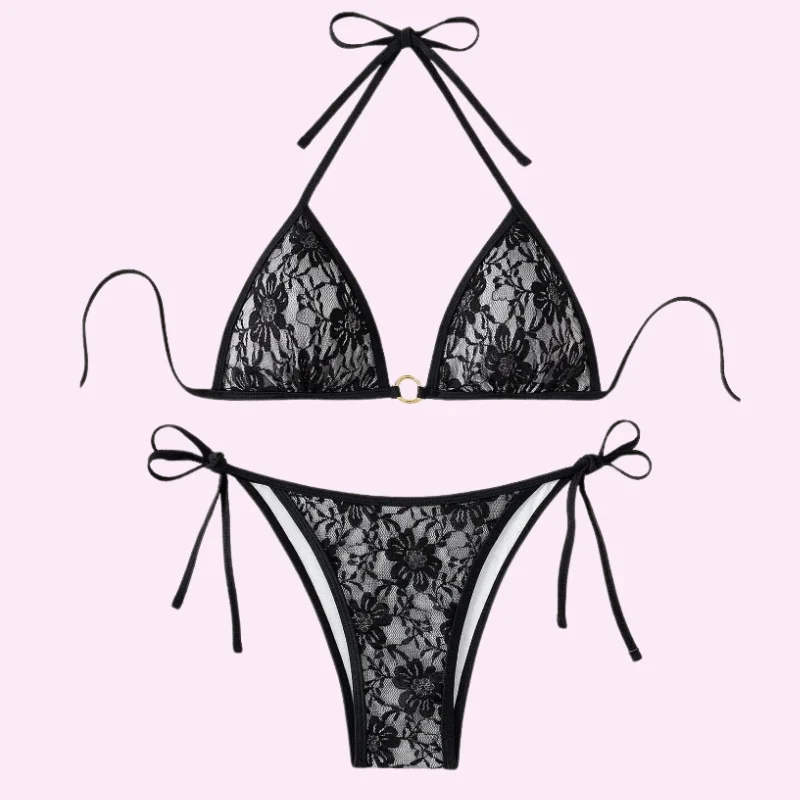 Black Lace Triangle Bikini Set swimwear for women
