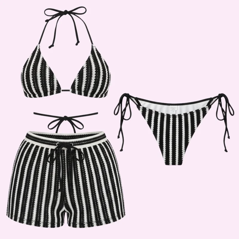 Black Stripe Bikini Set with Shorts swimwear for women