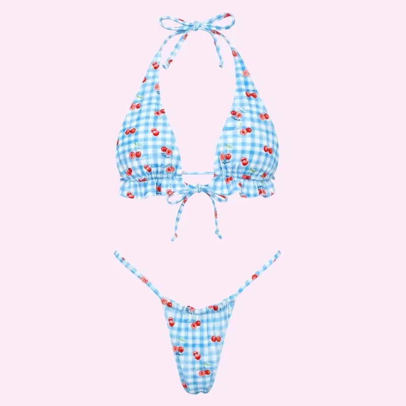Blue Cherry Print Bikini Set with Ruffle Triangle Top and Tie Side Bottoms swimwear for women