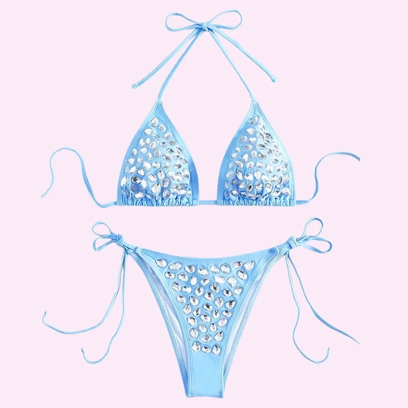 Blue Rhinestone Triangle Bikini Set swimwear for women