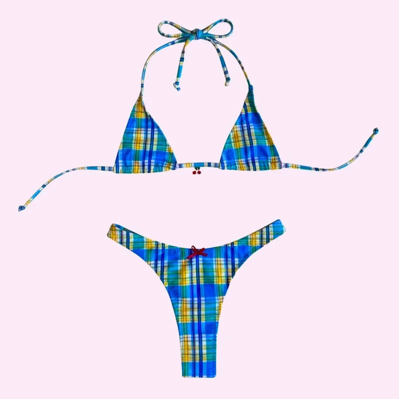 Blue Yellow Plaid Triangle Bikini Set swimwear for women