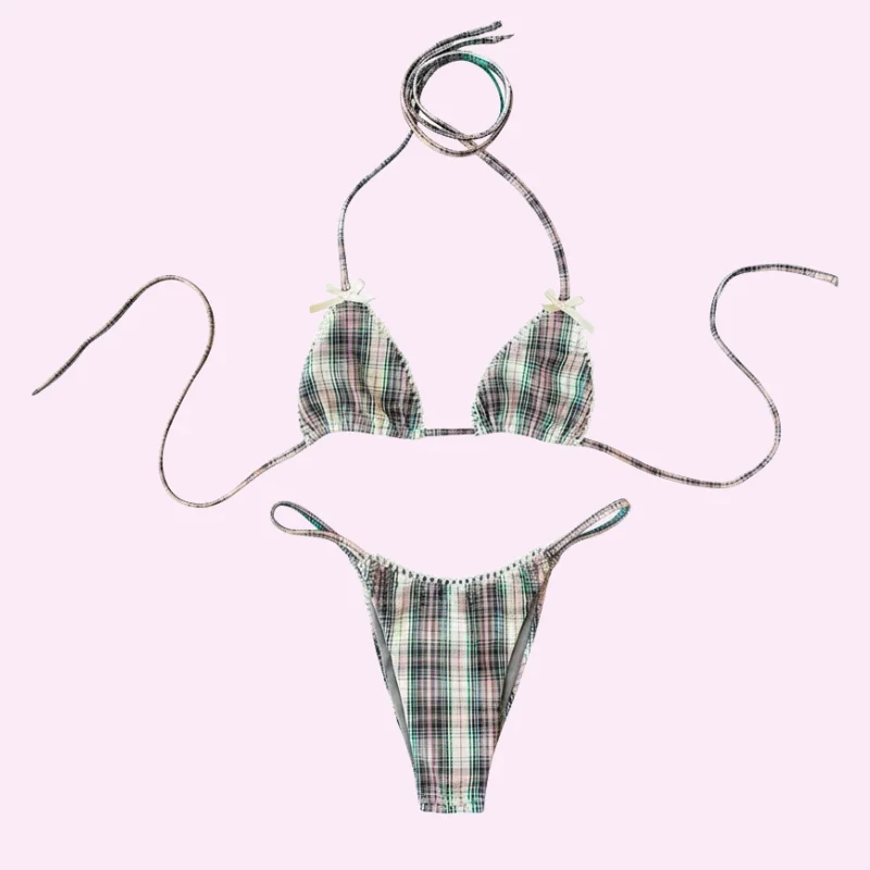 Green Plaid Triangle Bikini Set swimwear for women