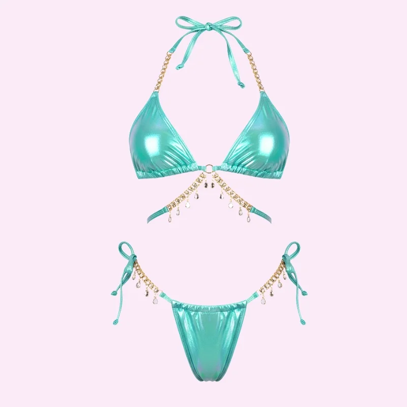 Iridescent Triangle Bikini with Gem Chain Tie Side Swimwear