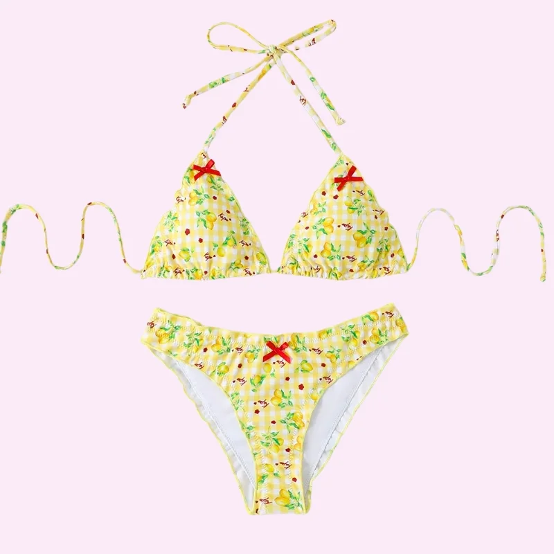 Lemon Print Triangle Bikini Set fashion outfit for women