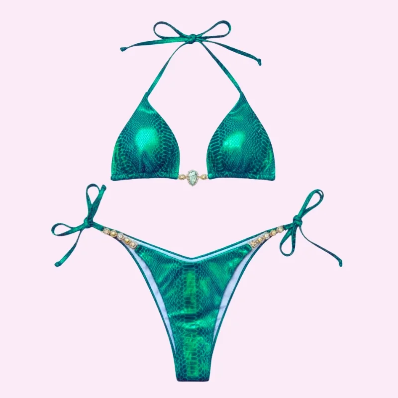 Metallic Textured Triangle Bikini Tie Side String Swimwear