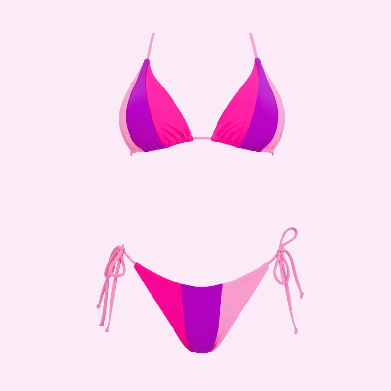 Pink Colorblock Triangle Bikini Set swimwear for women