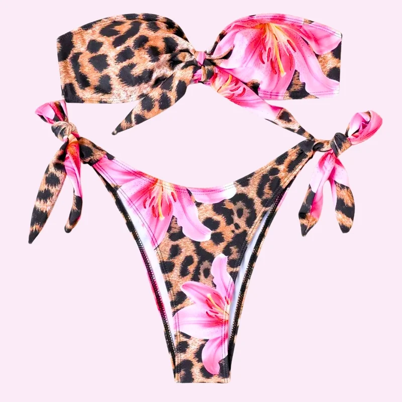 Pink Floral Bandeau Bikini Set swimwear for women