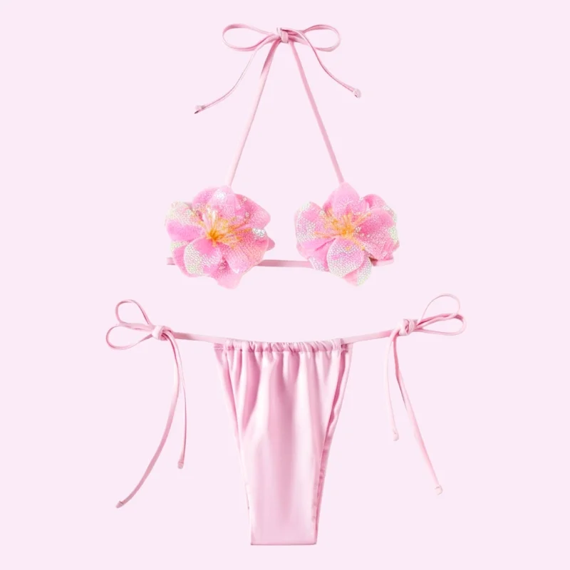Pink Flower Applique Bikini Set swimwear for women