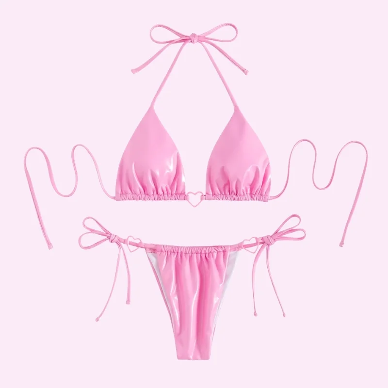 Pink High Shine Triangle Bikini Set swimwear for women