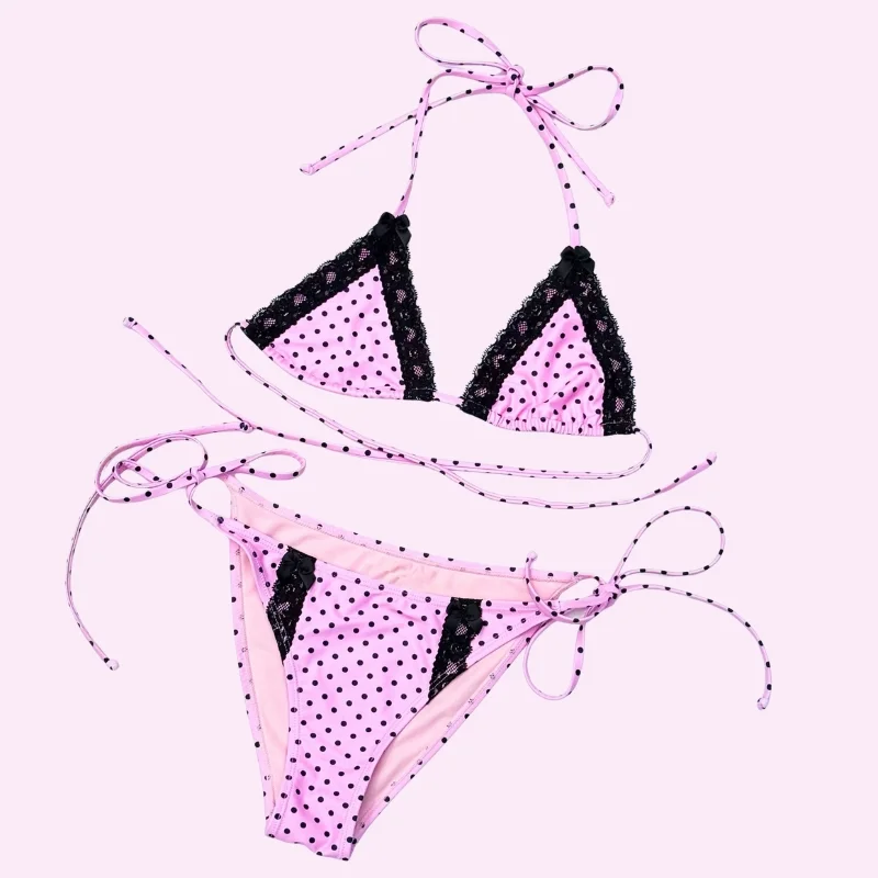 Pink Lace Trim Triangle Bikini Set swimwear for women
