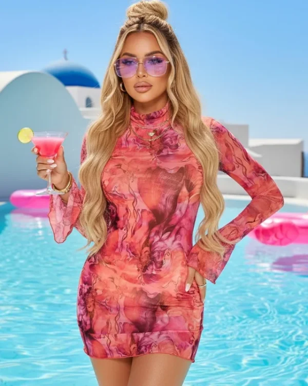 Woman wearing a Pink Mesh Bodycon Mini Dress with oversized sunglasses by the pool.
