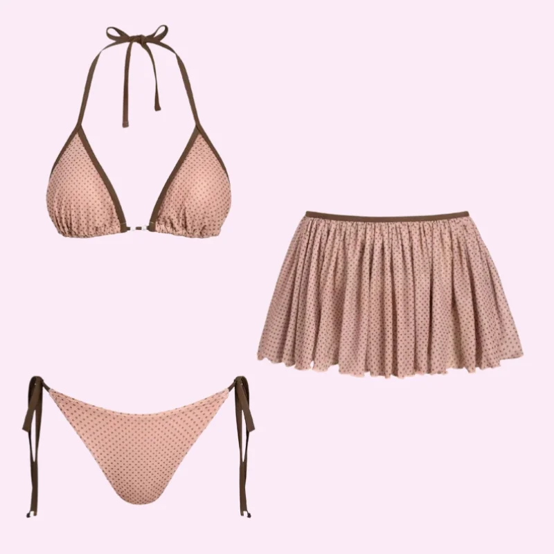 Pink Micro Dot Bikini Set with Skirt swimwear for women