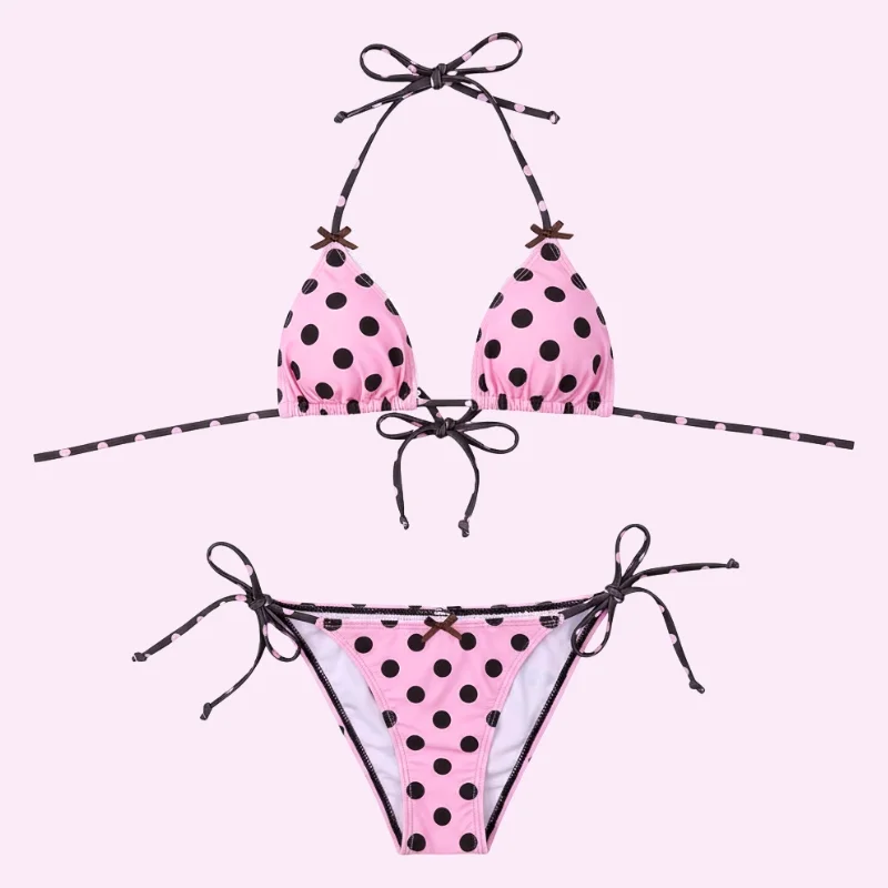 Pink Polka Dot Triangle Bikini Set swimwear for women
