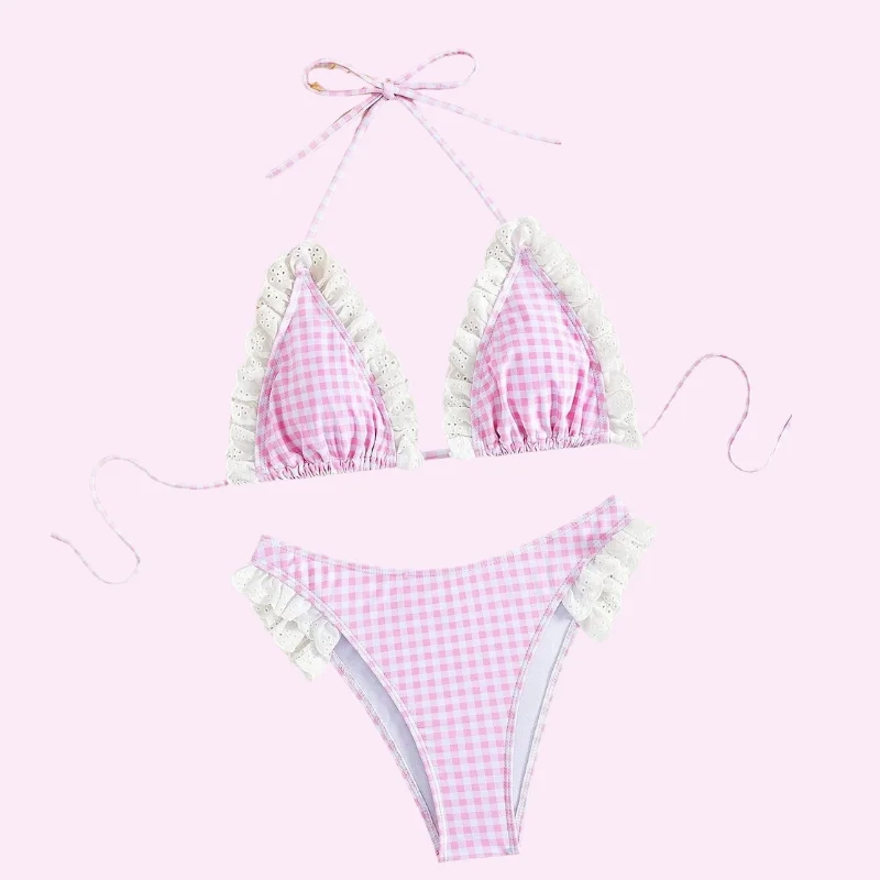 Pink Ruffle Trim Triangle Bikini Set swimwear for women