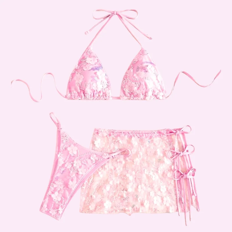 Pink Sequin Bikini Set with Sheer Skirt swimwear for women