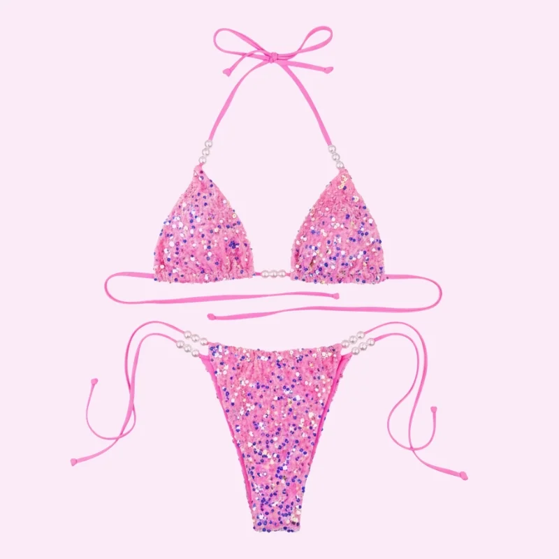 Pink Sequin Triangle Bikini Set swimwear for women