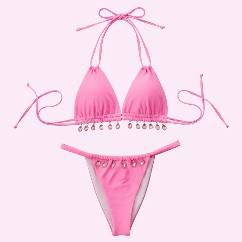 Pink Triangle Bikini Set with Crystal Charm Detail swimwear for women