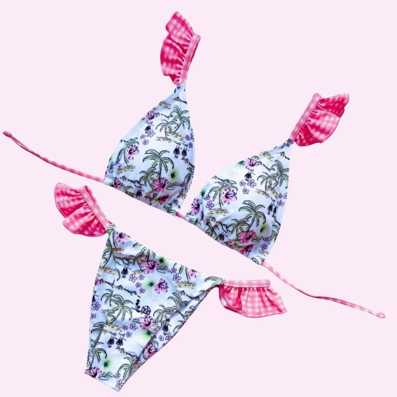 Pink Triangle Bikini Set with Tropical Print and Ruffle Side Bottoms swimwear for women