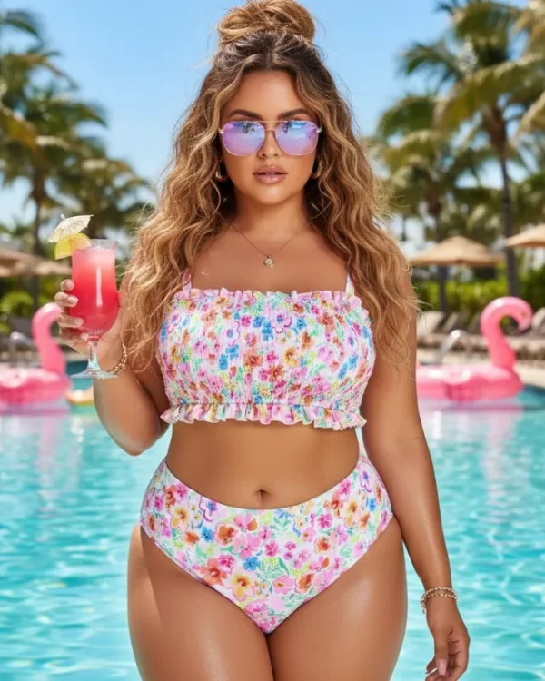 Woman wearing a Plus Size Floral Smocked Bikini Set with high waisted bottoms at a tropical resort.