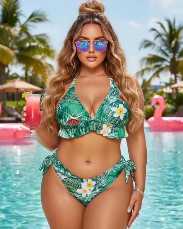 Woman wearing a Plus Size Green Tropical Bikini Set with tie side bottoms at a tropical resort pool.
