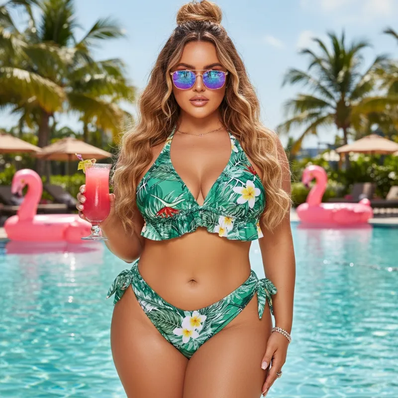 Plus Size Green Tropical Bikini Set swimwear for women