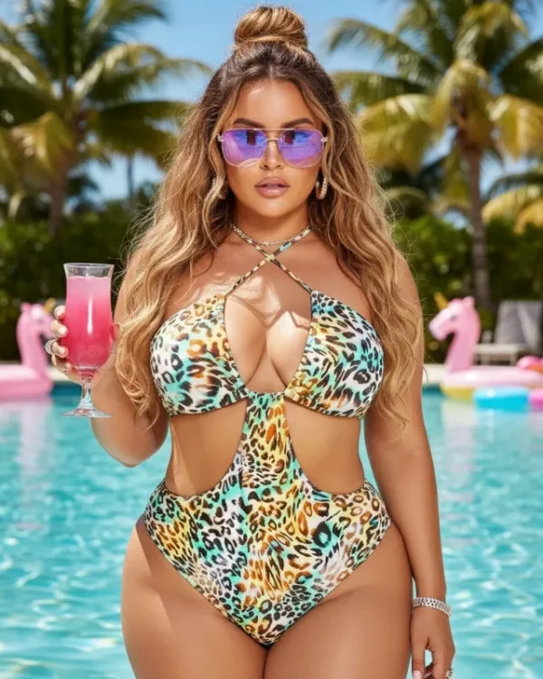 Woman wearing a Plus Size Leopard Cut Out One Piece Swimsuit with oversized sunglasses at a tropical resort pool.