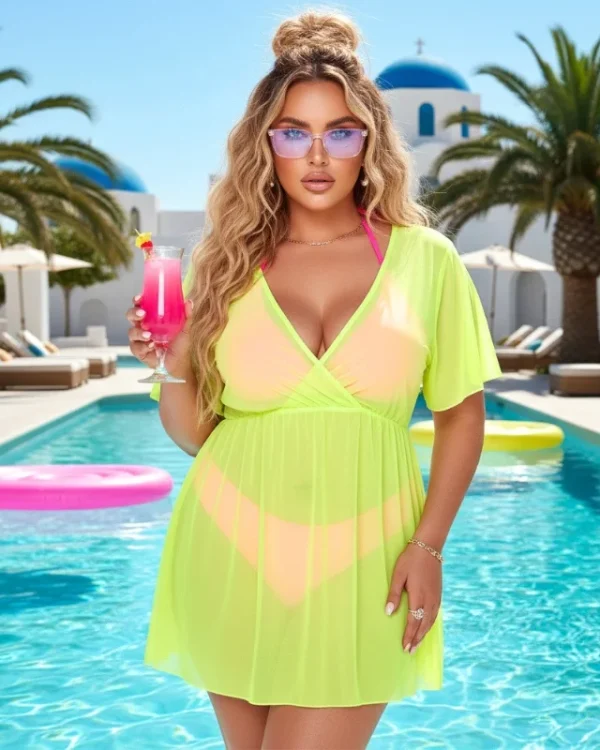 Woman wearing a Plus Size Neon Green Bikini Cover Up Dress - Beach Swimwear at a tropical resort