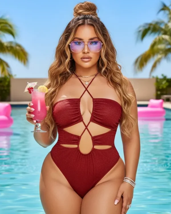 Woman wearing a Plus Size Red Cut Out One Piece Swimsuit with strappy details at a tropical resort pool.