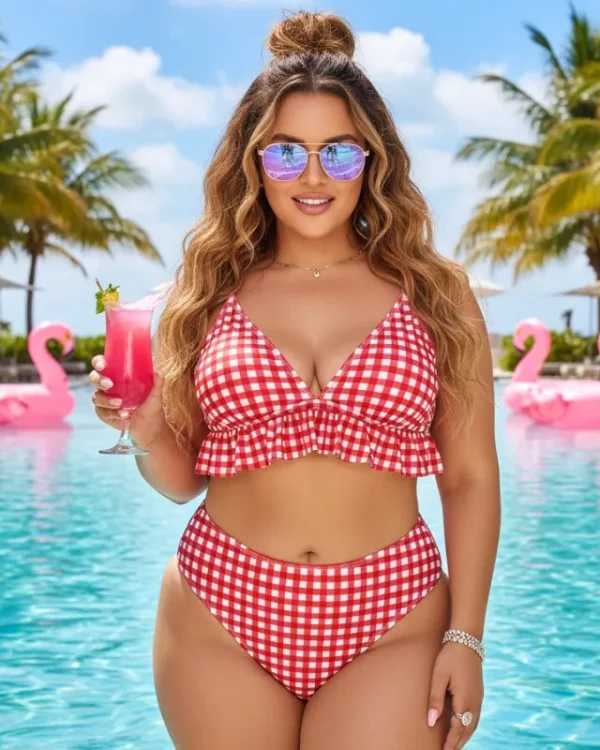 Woman wearing a Plus Size Red Gingham Bikini Set with high waisted bottoms at a tropical resort.