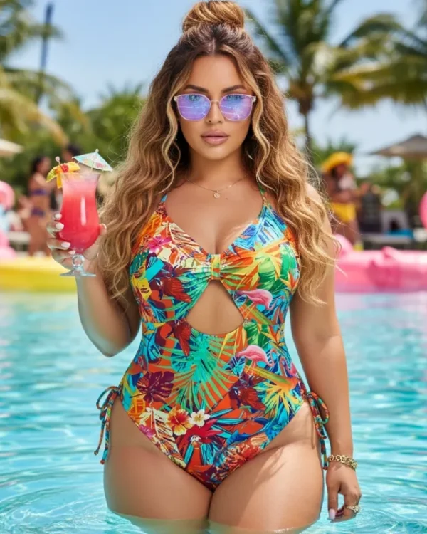 Woman wearing a Plus Size Tropical Cut Out One Piece Swimsuit with tie side details at a resort pool.