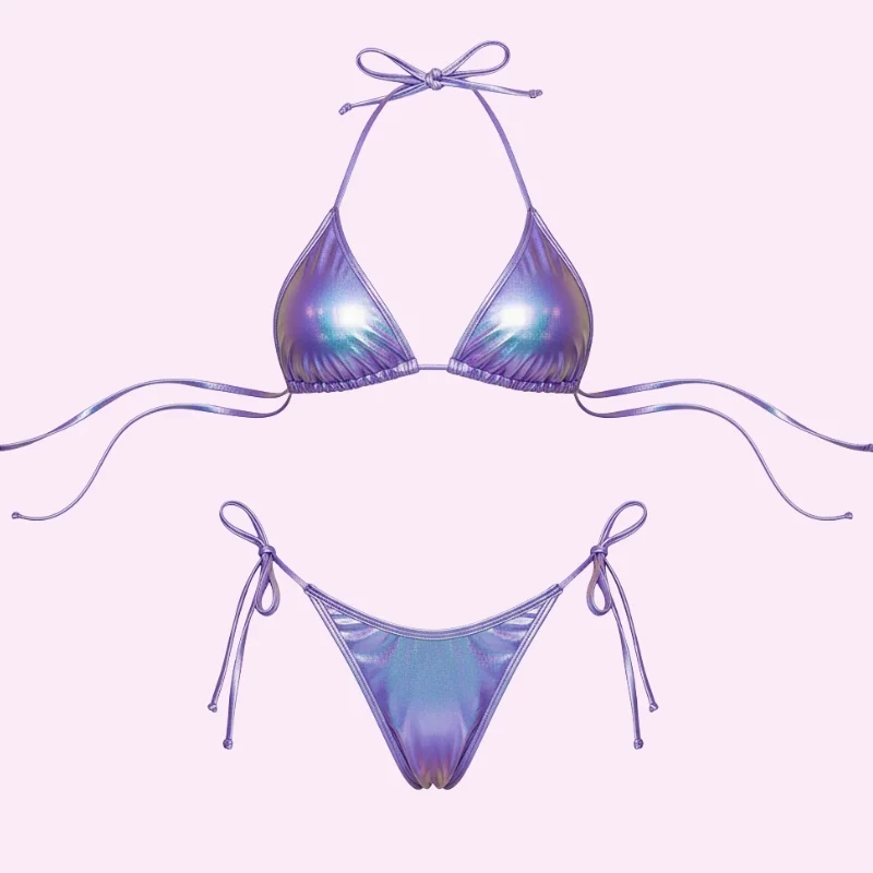 Purple Shimmer Triangle Bikini Set Tie Side String Swimwear
