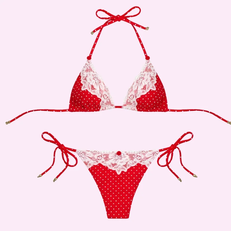 Red Lace Triangle Bikini Set swimwear for women