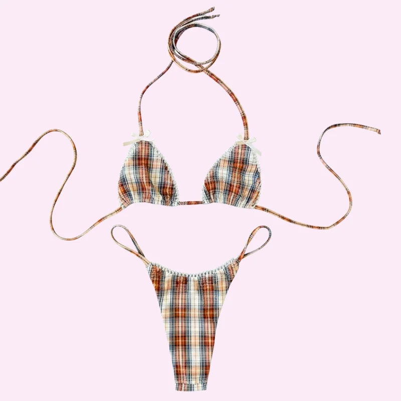 Red Plaid Triangle Bikini Set swimwear for women