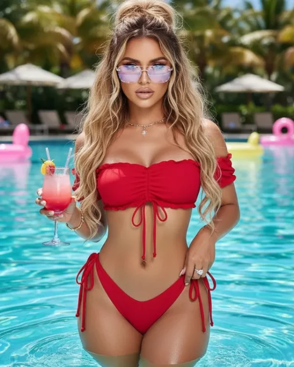 Woman wearing a Red Ruched Bandeau Bikini Set with off shoulder sleeves while standing poolside at a tropical resort.