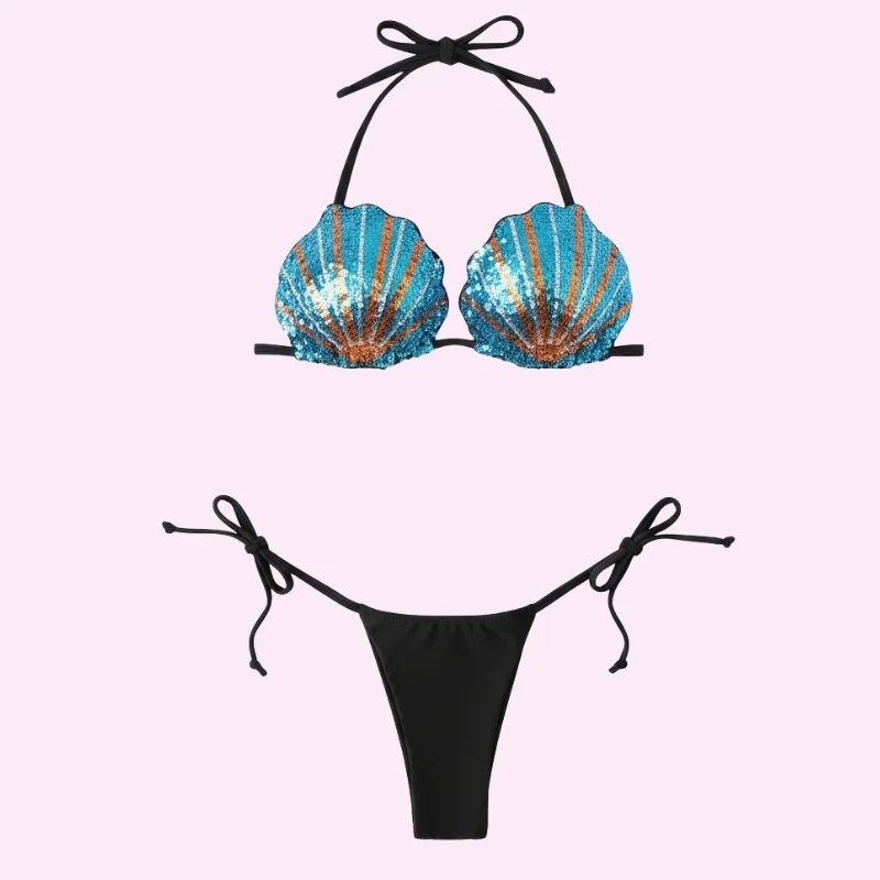 Scallop Shell Triangle Bikini Set with Tie Side Bottom