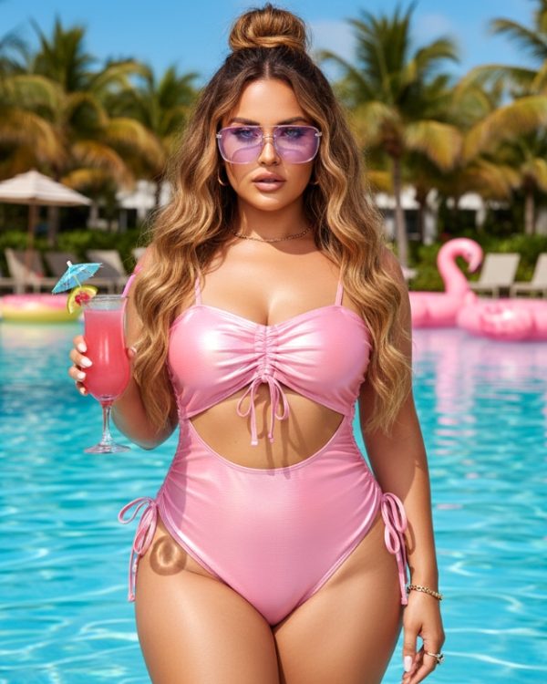 Woman wearing a Plus Size Pink Cut Out One Piece Swimsuit with tie side details at a tropical resort pool.