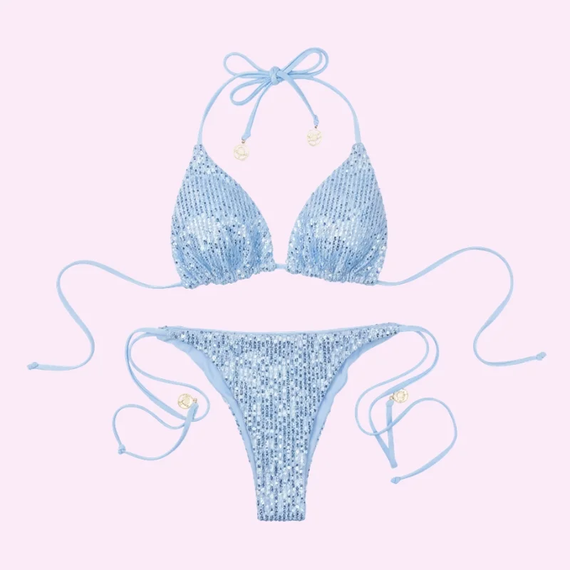 Sequin Tie Side Triangle Bikini Set swimwear for women