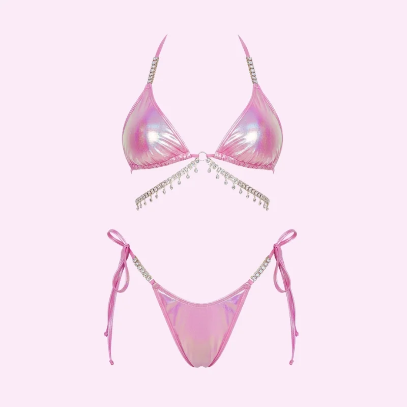 Shimmer Triangle Bikini Set with Chain Detail and Tie Side Bottom Shimmer Triangle Bikini Set with Chain Detail and Tie Side Bottom