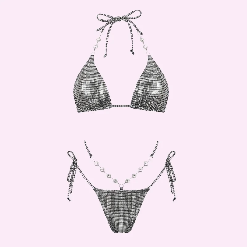 Silver Rhinestone Triangle Bikini Set swimwear for women