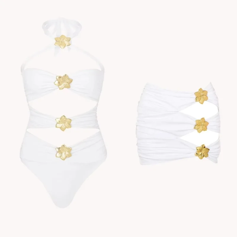 White Cut Out Swimsuit with Flower Detail swimwear for women
