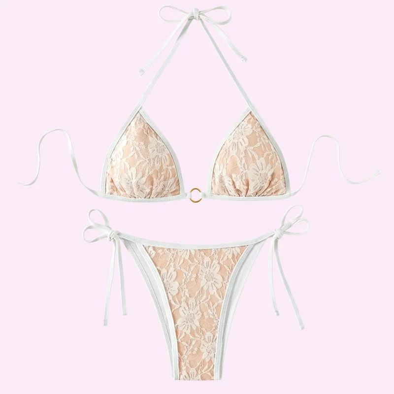 White Lace Triangle Bikini Set swimwear for women