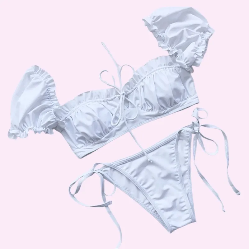 White Ruched Tie Front Bikini Set swimwear for women