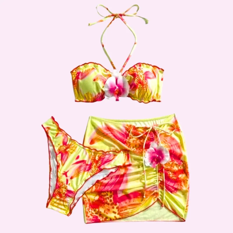 Yellow Bikini Set with Floral Print and Matching Sarong swimwear for women