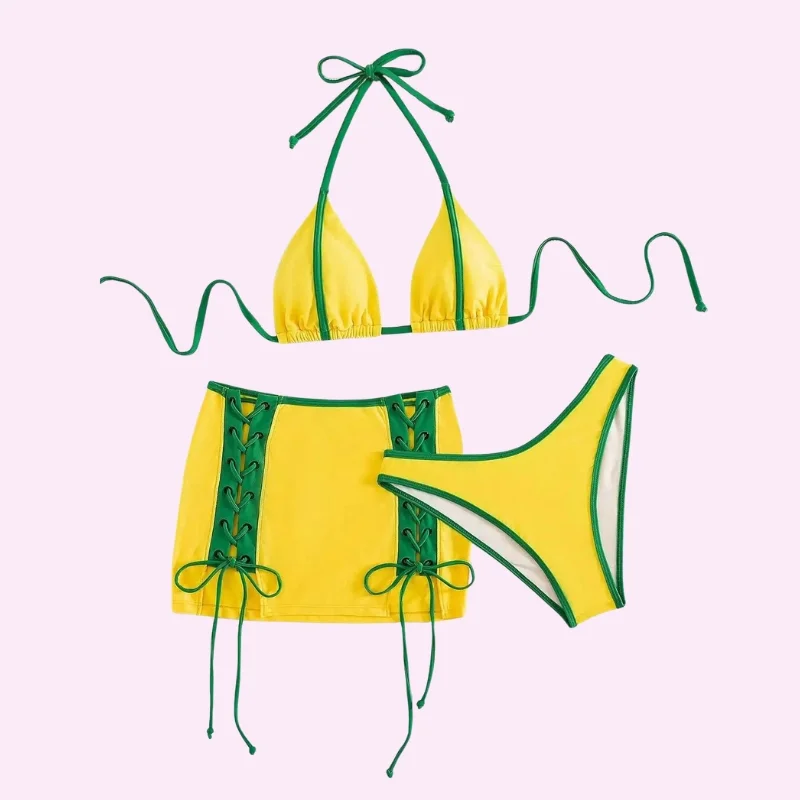 Yellow Bikini Set with Matching Lace Up Skirt swimwear for women