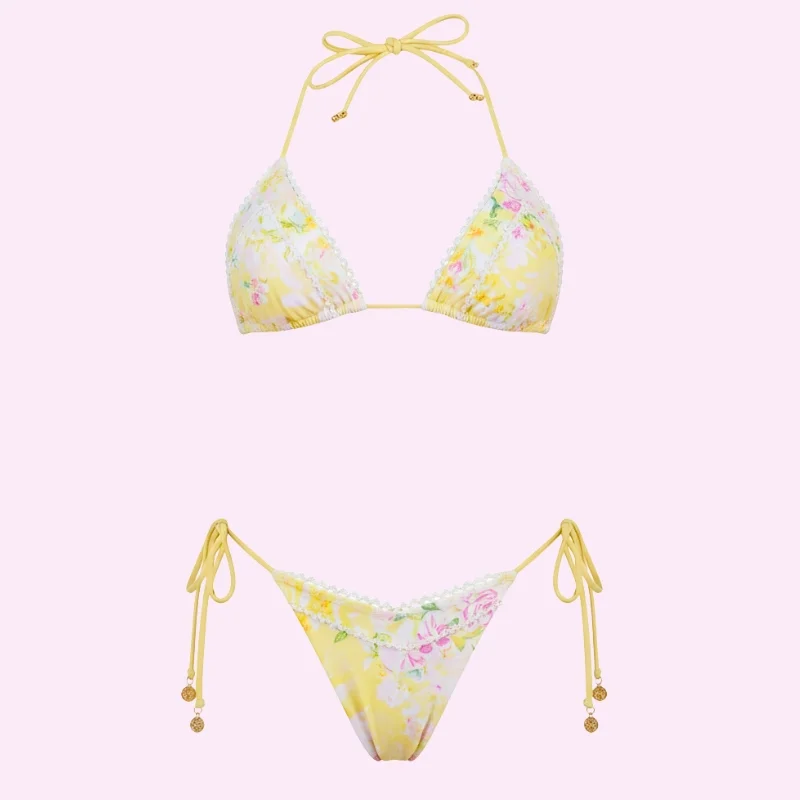 Yellow Floral Triangle Bikini Set swimwear for women