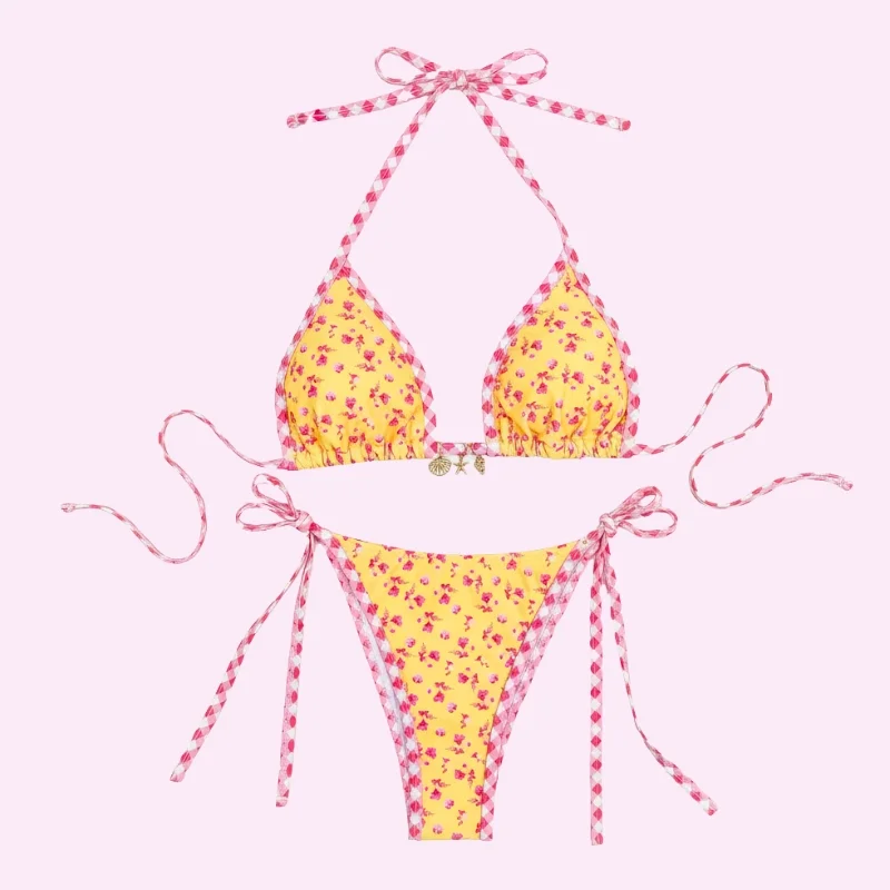 Yellow Floral Triangle Bikini Set swimwear for women