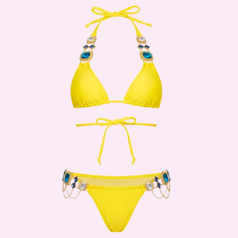 Yellow Jewel Strap Bikini Set swimwear for women