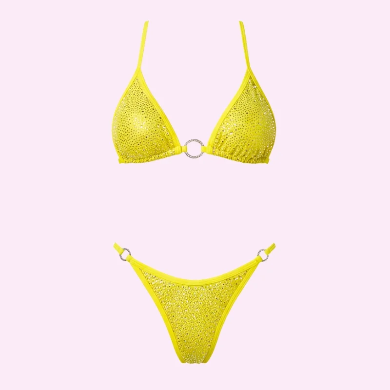 Yellow Rhinestone Triangle Bikini Set swimwear for women